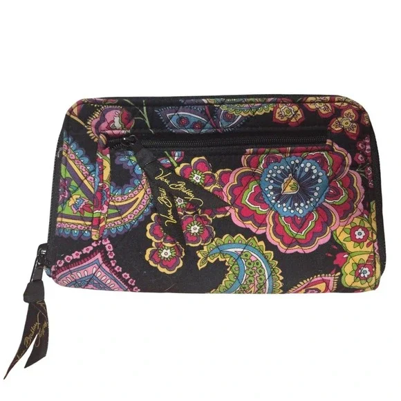 Vera Bradley Zip Around Wallet Wristlet Cottagecore Paisley Floral Black - Picture 2 of 4